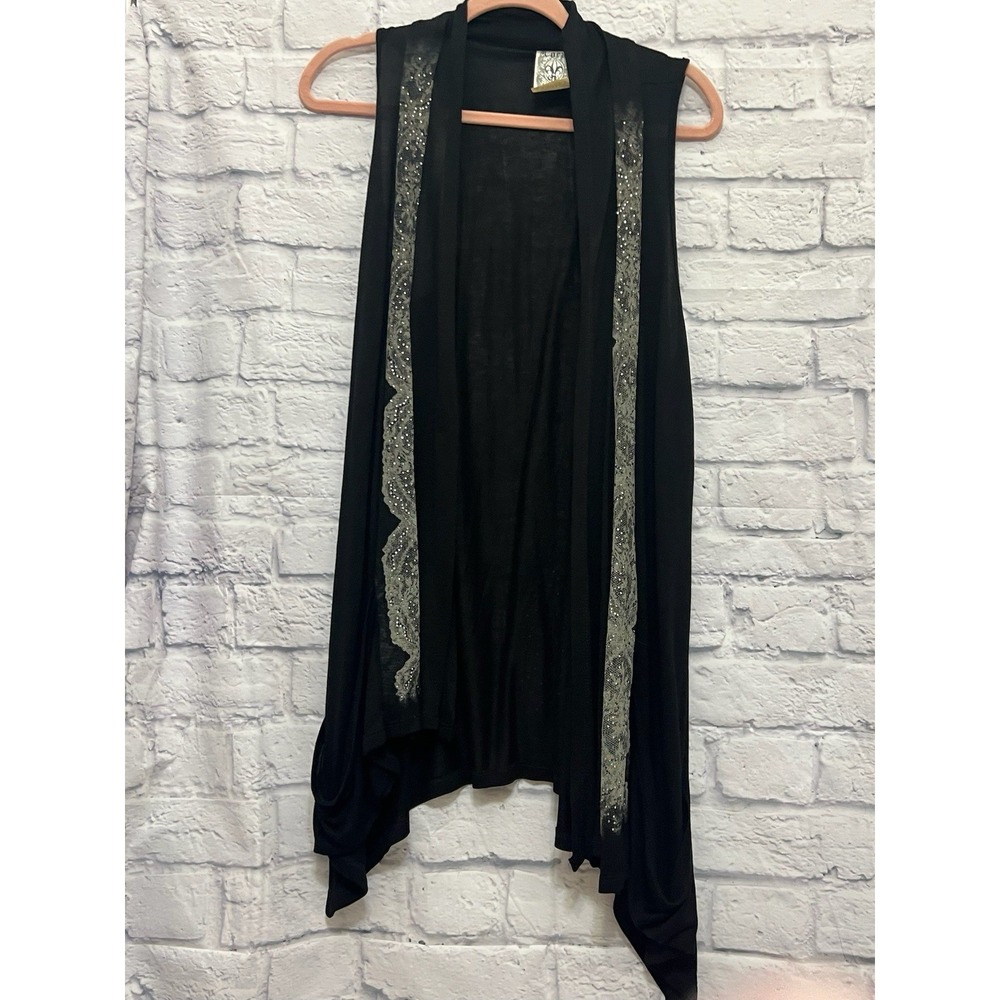 Vocal Y2K Rhinestone Cardigan XL Black Cross Gothic Duster Made In USA Lace